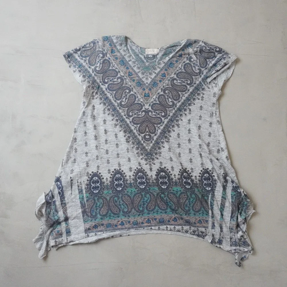Altard State Womens Gray Paisley Print Sharkbite Hem Tunic Top Boho Blue Large - Picture 1 of 6